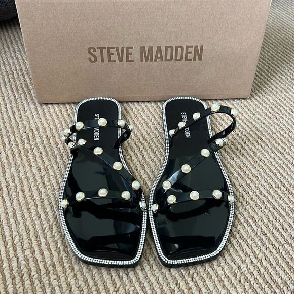 NWT Steve Madden Women's Studded Pearl Embellished Slide-On Flat Sandals 9 - Picture 2 of 8